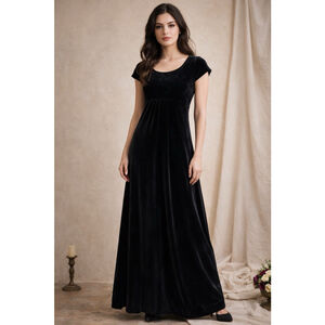 Vintage Black Velvet Maxi Dress Empire Waist Cap Sleeve Goth Formal M USA